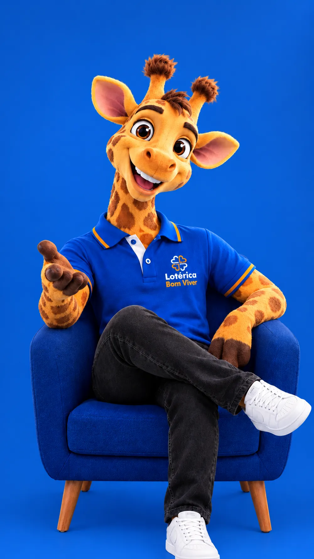 Girafa mascote da Lotérica Bom Viver sentada na poltrona, convidando para pedir a lista